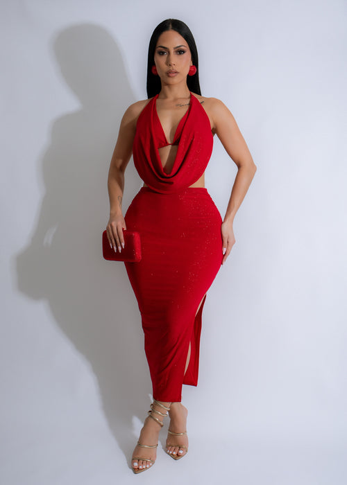 Radiance Reverie Ruched Sparkle Skirt Set Red with elegant ruched detailing and sparkling fabric for a glamorous look