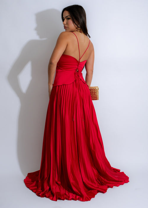  Full-length image of Scarlet Symphony Satin Maxi Dress in stunning red, featuring a flattering A-line cut and luxurious satin fabric, ideal for special events and celebrations