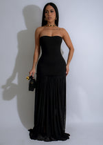 Moonlit Cascade Mesh Maxi Dress Black on model walking in moonlight 