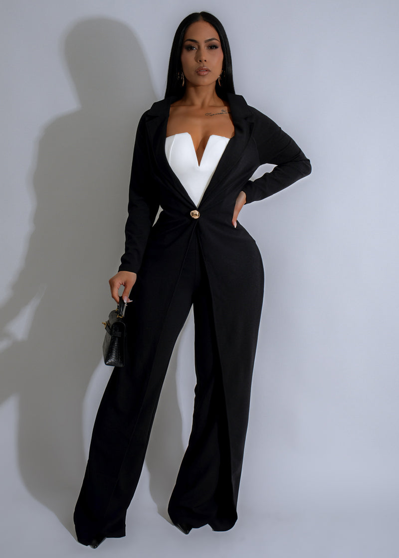 Front view of Vanguard Grace Jumpsuit Black, featuring a stylish V-neck and wide-legged design, perfect for formal occasions and evening events