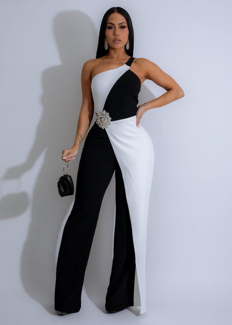 Elegant black jumpsuit with rhinestone detailing for a sophisticated look