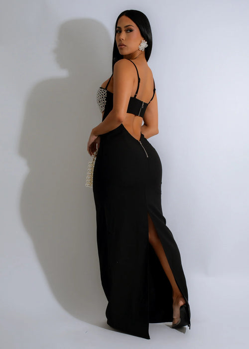 Stunning full-length view of Pearl Noir Rhinestone Maxi Dress in Black, featuring intricate rhinestone embellishments and flattering silhouette