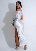 Gorgeous Glacier Grace Satin Maxi Dress Silver featuring a sleek and polished design with a stunning silver hue