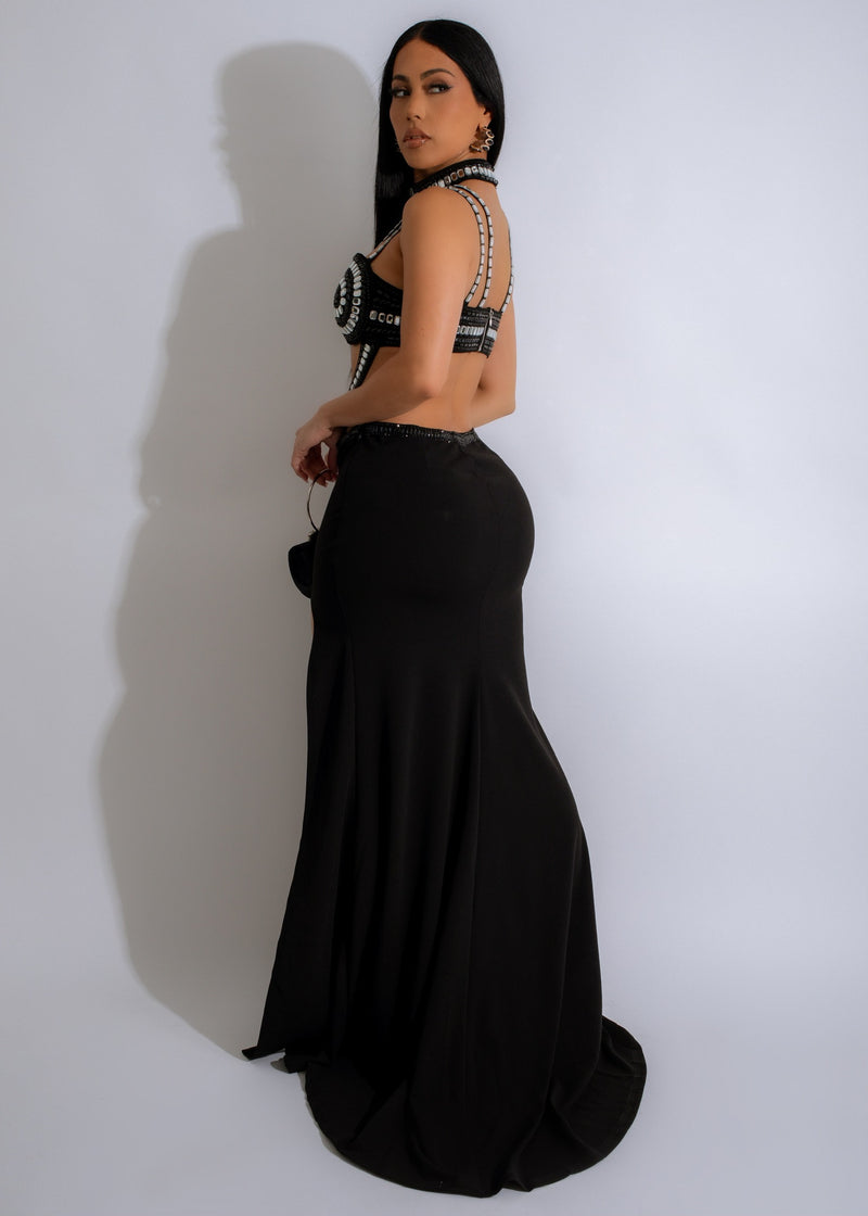  Gorgeous woman wearing Noir Glamour Rhinestones Maxi Dress Black, featuring sparkling rhinestones and dramatic floor-length design