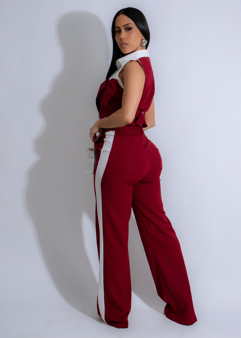 Fashionable Dual Essence Pant Set Red featuring a chic red crop top and high-waisted flare pants in size small for a trendy and put-together outfit