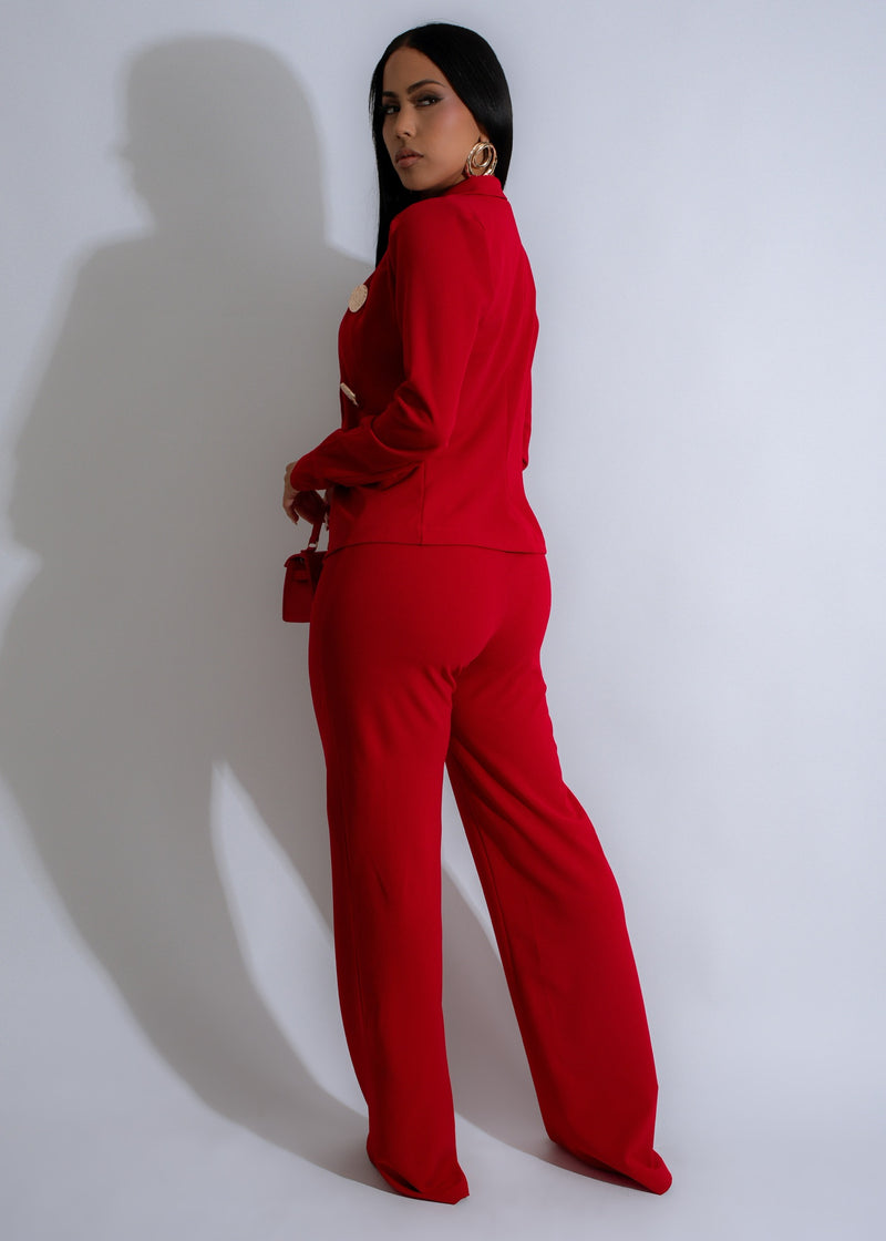 Luxurious red pant set with intricate design and coordinating top