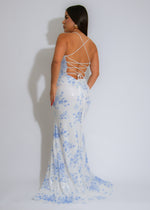 Midnight Porcelain Sequin Floral Maxi Dress Blue