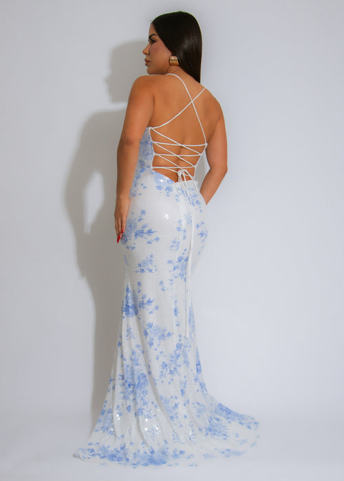 Midnight Porcelain Sequin Floral Maxi Dress Blue