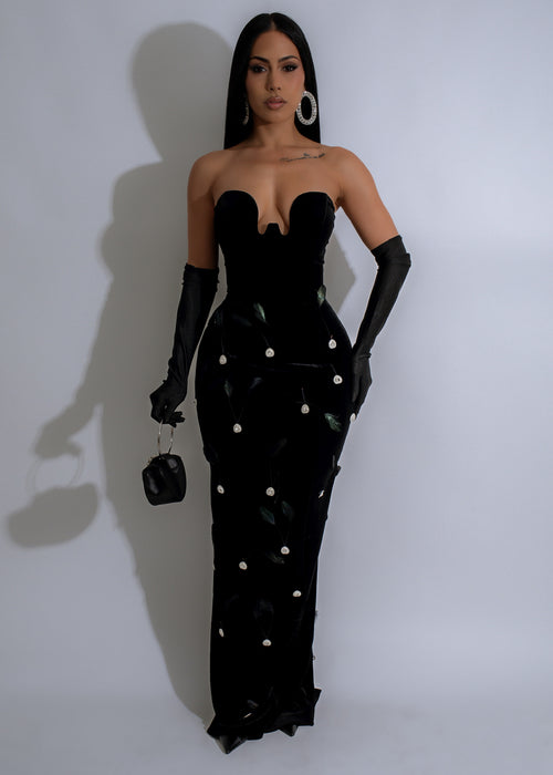 Elegant black maxi dress with rhinestone embellishments and shadowvine detailing