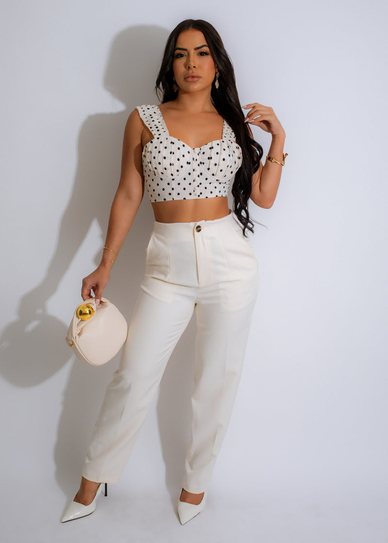 Polka Dot Charm Crop Top White - Back view with adjustable tie closure and polka dot pattern