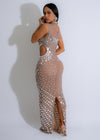  Back view of The Shattered Starlight Mesh Rhinestone Maxi Dress Nude, featuring a dramatic plunging back and flowing mesh skirt with sparkling rhinestones