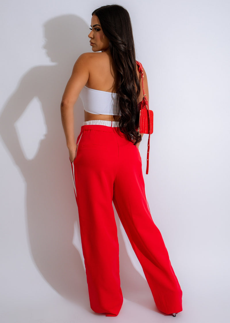 Close-up view of the comfortable elastic waistband and drawstring of the Urban Stripe Track Pants Red