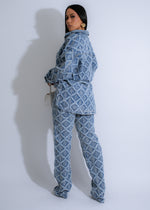 Two-piece denim set featuring a woven mosaic distressed pant and matching top