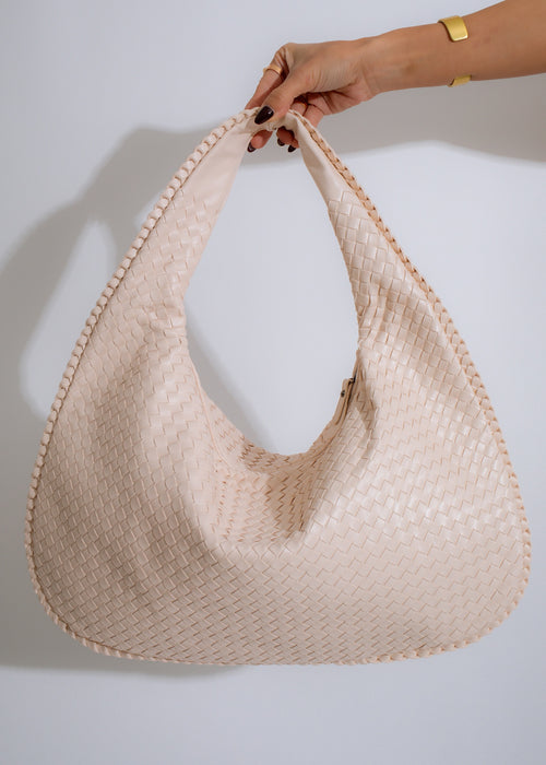 Stylish and versatile Serenade Woven Hobo Handbag in Nude color