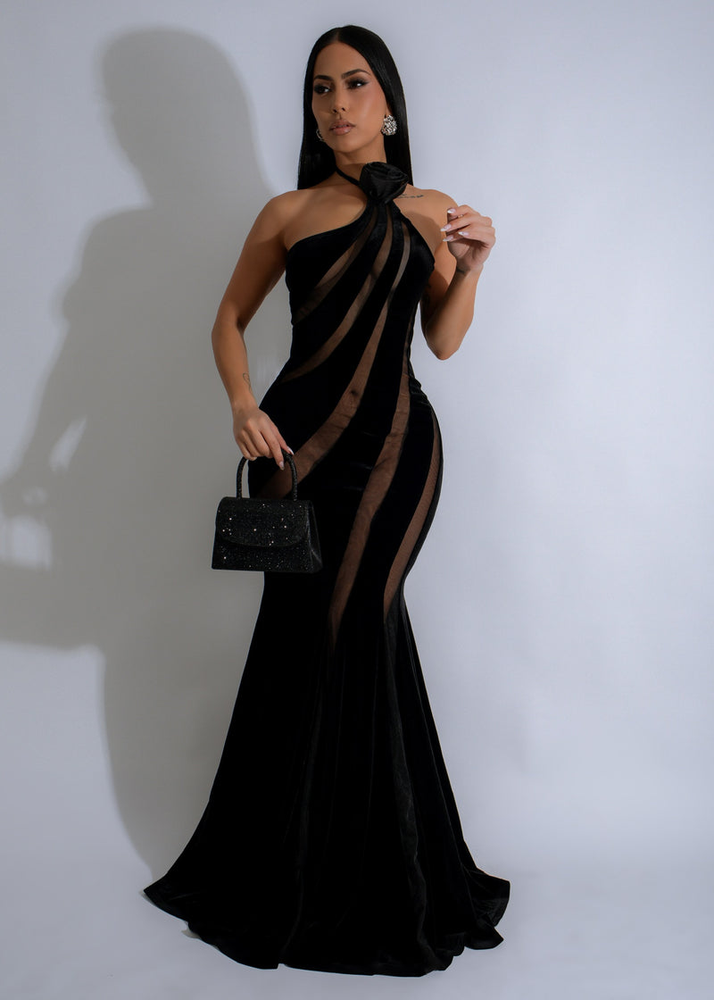 Black floral mesh maxi dress with velvet details and dark radiance