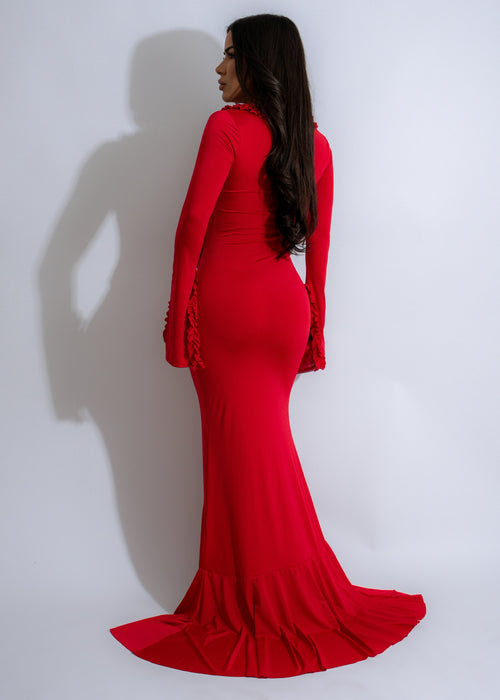  Full-length image of Scarlet Rhapsody Ruched Maxi Dress Red featuring a flattering ruched bodice, flowy skirt, and elegant red hue for a stunning and sophisticated look