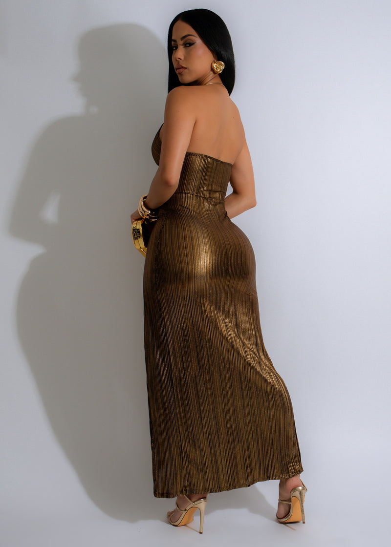 Beautiful model wearing the Out Of Office Ruched Maxi Dress Gold, perfect for summer parties and special occasions