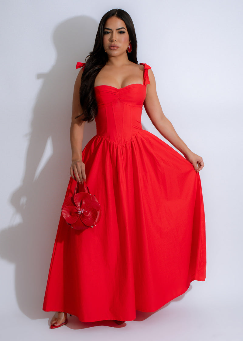 Radiant Romance Maxi Dress Red - Front view of elegant red dress with flowing skirt and sweetheart neckline