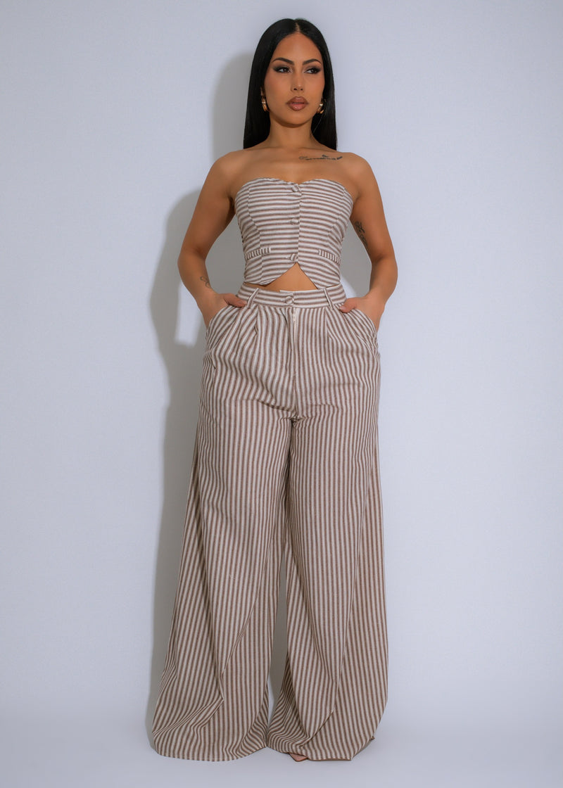 Seaside Stroll Stripes Pant Set Brown