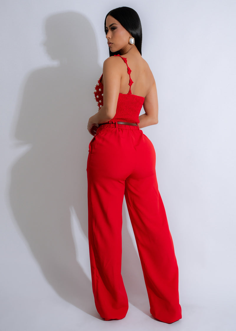 Luxe Loom Pearls Crochet Pant Set Red