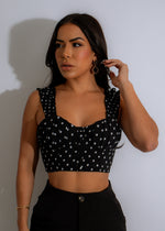 Polka Dot Charm Crop Top Black with playful polka dot pattern and stylish charm detail