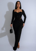 Stardust Symphony Rhinestones Maxi Dress Black, front view, full length, sparkly evening gown with intricate rhinestone detailing