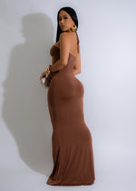 Beautifully designed Siren’s Embrace Maxi Dress Brown, characterized by its rich brown color and feminine silhouette, perfect for formal events and parties