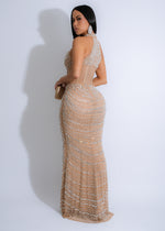 Full-length view of Cosmic Symphony Rhinestones Mesh Maxi Dress in Nude, showcasing the flowy silhouette and sparkling rhinestones