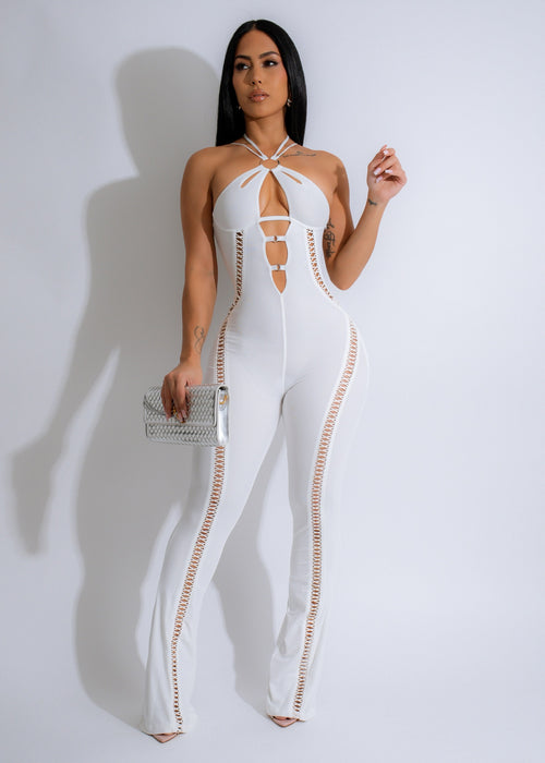 Ethereal Allure Mesh Jumpsuit White, a stunning and elegant outfit for special occasions and events, featuring a flattering and figure-hugging design with a chic and stylish mesh fabric 