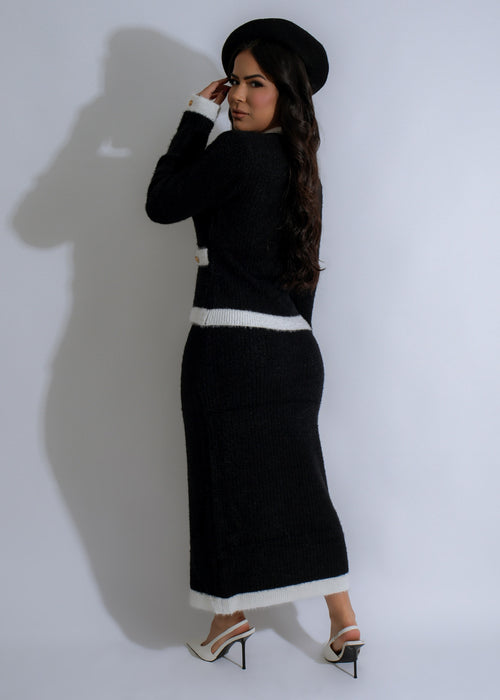  Ebon Elegance Knit Skirt Set Black - Close-up of the intricate knit pattern and high-quality fabric in black color