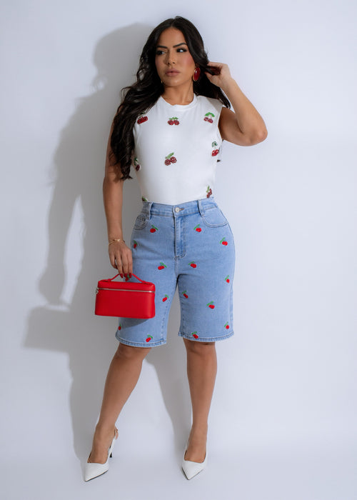 Berry Sweet Cherry Rhinestone Crop Top White, a stylish and trendy fashion piece perfect for summer