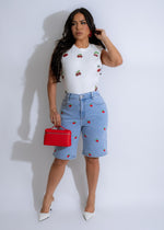  Front view of Cherry Pop Short Light Denim with Classic 5-Pocket Styling