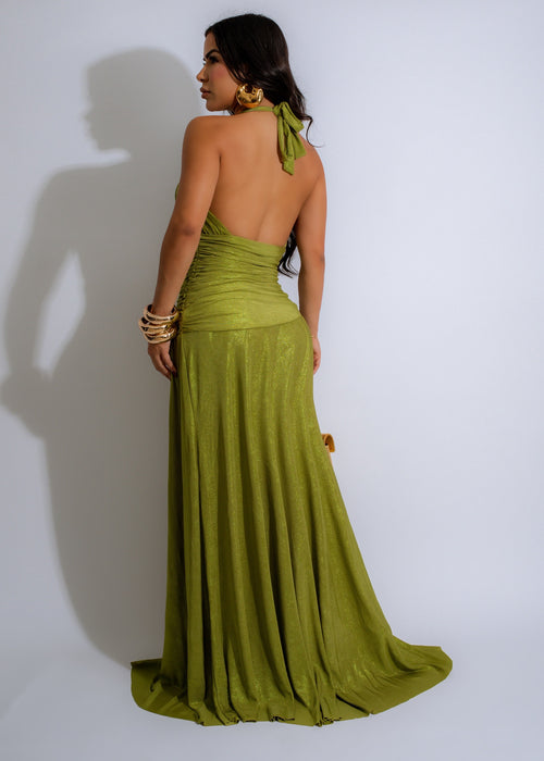 Enchanted Girl Ruched Maxi Dress Green - a flowing, elegant green dress perfect for any occasion