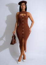 Aria Keyhole Knit Ribbed Midi Dress Brown on a mannequin