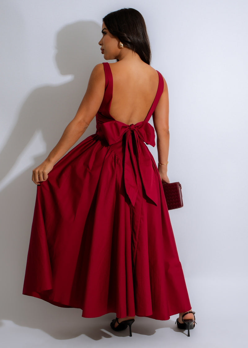 Whispering Rose Maxi Dress Red - Back view of elegant red dress with adjustable spaghetti straps and flattering empire waist, ideal for weddings and parties