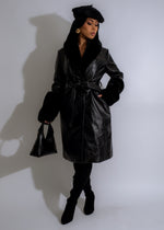 Classic Roar Leather Coat Black with Quilted Lining and Belted Waist