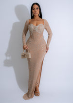 Stunning nude maxi dress with sparkling rhinestone embellishments for an elegant evening look