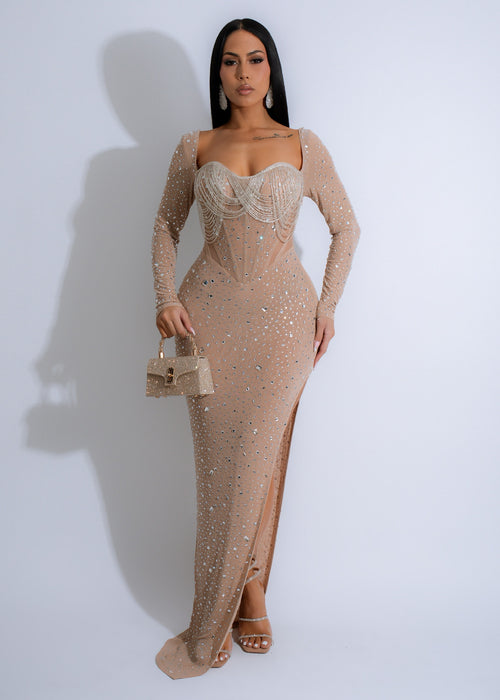 Stunning nude maxi dress with sparkling rhinestone embellishments for an elegant evening look