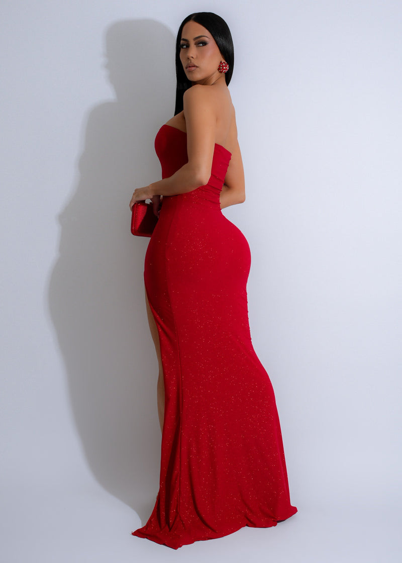  Luminous Grace Sparkly Maxi Dress Red: A beautiful red dress with a sparkling finish, designed for elegance and glamour at formal gatherings and parties