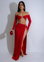 “Crimson Aura Skirt Set Red featuring a flowing red skirt and matching crop top with intricate lace detailing and a flattering fit”