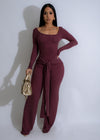 Harmony Knotted Ribbed Jumpsuit Red, front view on model, showcasing flattering fit and vibrant color