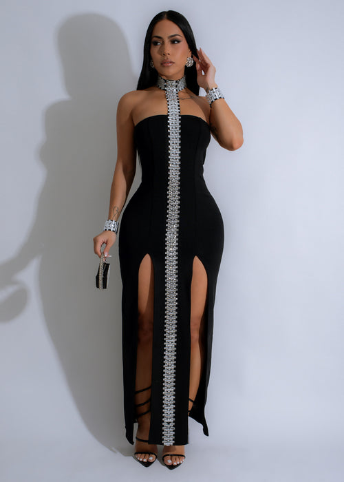 Radiant Lineage Rhinestone Maxi Dress Black with elegant rhinestone detailing