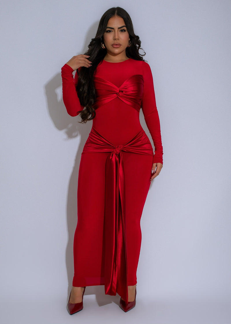 Sculpted Elegance Satin Maxi Dress Red