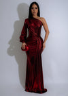 Glamorous red metallic ruched maxi dress with gilded glow effect 