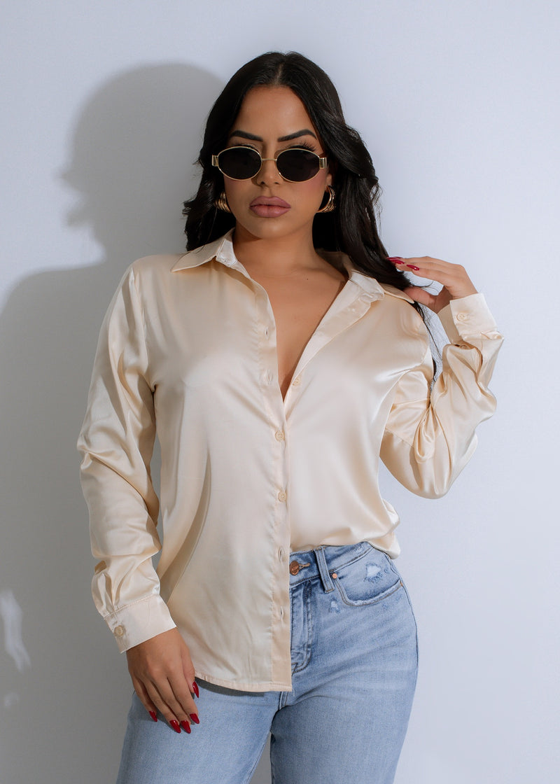 Eclipse Essence Satin Button Down Top Nude with V-neck and long sleeves, perfect for a casual yet sophisticated look