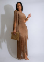 Shimmering gold fringed maxi dress with deep V-neck and adjustable straps