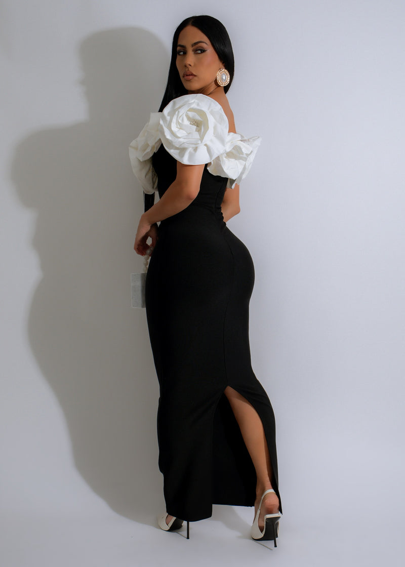 Ethereal Bloom Floral Bandage Maxi Dress Black, side view, showing off the elegant bandage-style fit and flowing maxi length