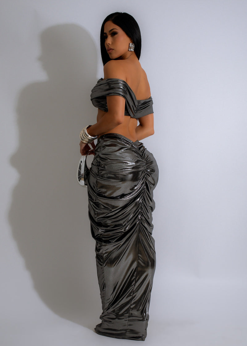  Silver metallic ruched skirt set with a luxurious and eye-catching design that will make you stand out at any event, featuring a shimmering fabric and a flattering, form-fitting silhouette for a glamorous look