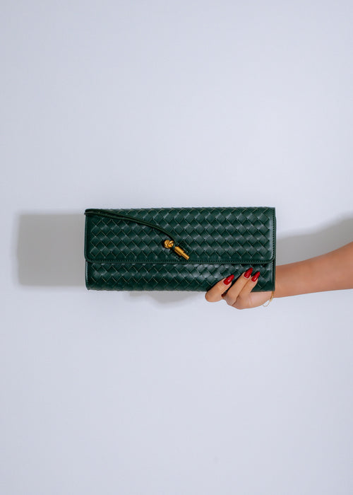 The Woven Grace Green handwoven tote bag with intricate design details 