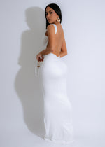 Close-up of the Serene Silhouette Ruched Maxi Dress White, showcasing the intricate ruched details and flowy fabric